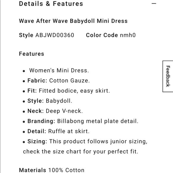 NWT Billabong Wave After Wave Babydoll Mini Dress - Picture 6 of 7